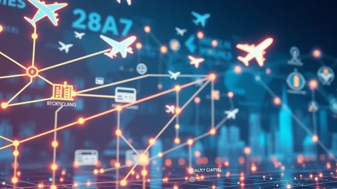 Blockskye's innovative blockchain travel platform depicted with digital travel elements and funding growth.