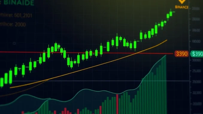 A chart showing an explosive BNB price prediction surge, breaking through resistance levels towards its $1K target.