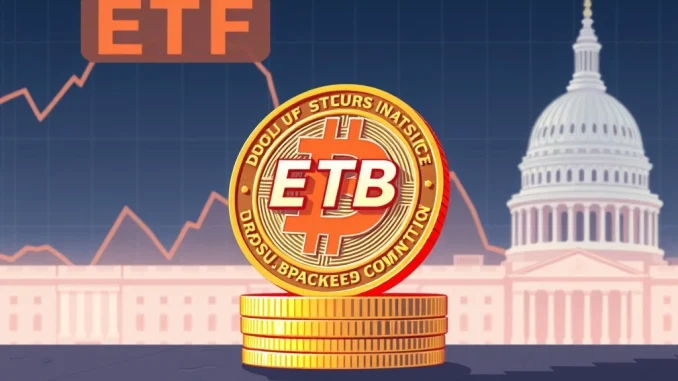 Illustrates the **BNB staking ETF** filing by **Rex Shares**, showing BNB coins integrated into a regulated financial product.
