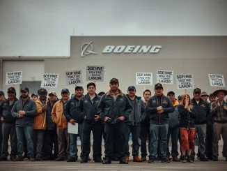 A visual representation of the crucial Boeing strike threat at St. Louis plants, showing determined union workers.