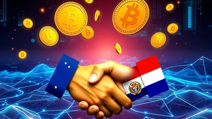 Bolivia and El Salvador shaking hands over Bitcoin symbols, symbolizing cryptocurrency partnership.
