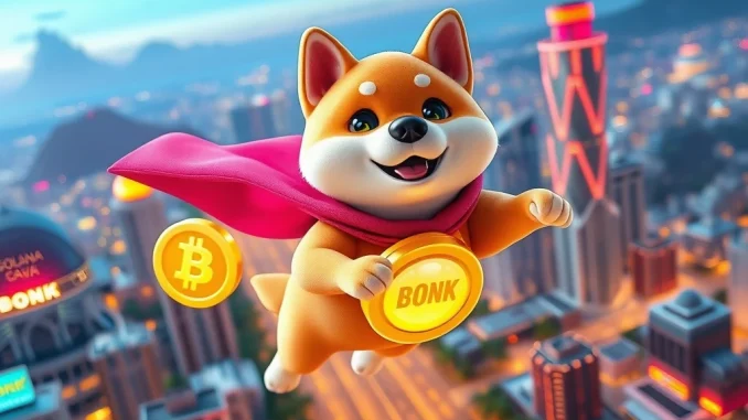 An energetic Bonk dog character representing the Solana meme coin, surrounded by crypto charts, symbolizing its market analysis and potential.
