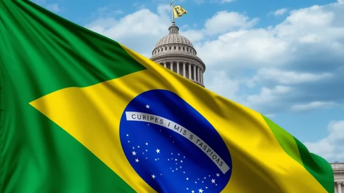 Illustration showing the Brazilian flag intertwined with crypto symbols and a gavel, symbolizing the urgent debate on the Brazilian crypto tax proposal.
