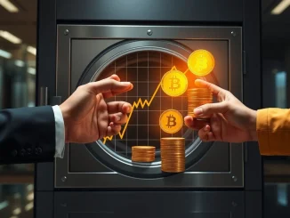A corporate executive confidently adding Bitcoin holdings to a digital ledger, symbolizing strategic institutional investment in crypto.