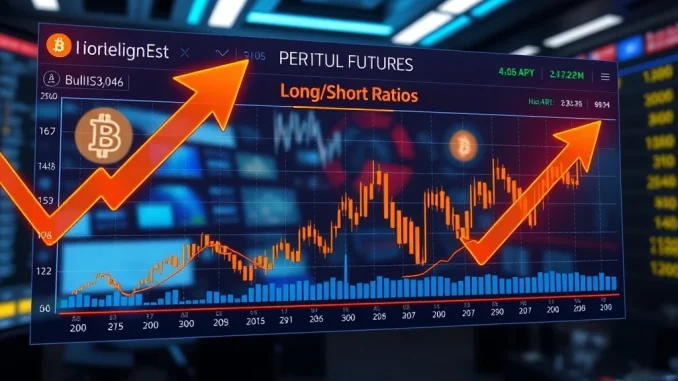 A digital dashboard displaying BTC perpetual futures long/short ratios, indicating Bitcoin market sentiment for traders.
