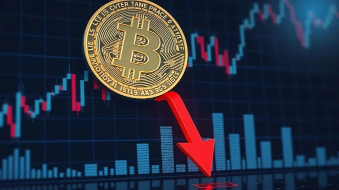 A red downward arrow piercing a Bitcoin (BTC) coin, symbolizing the recent BTC price drop below $117,000 in the volatile crypto market.