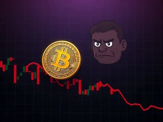 A dramatic visual depicting the sharp fall in Bitcoin price, with BTC falling below a key support level, signaling market volatility.
