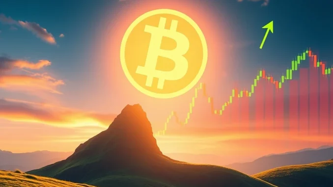 A chart showing the significant Bitcoin price surge, with the BTC symbol prominently rising, indicating a strong upward trend in the crypto market.