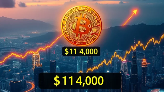 BTC Price Explodes: Bitcoin Reaches a Staggering $114,000 Milestone Golden Bitcoin icon rising above market charts, symbolizing the BTC price surge to $114,000 and strong market performance.