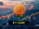 Golden Bitcoin icon rising above market charts, symbolizing the BTC price surge to $114,000 and strong market performance.
