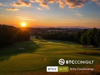BTCC sponsorship banner prominently displayed at a vibrant golf charity event, highlighting their commitment to the Red Eagle Foundation.