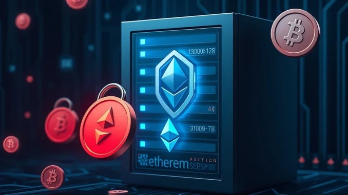 Depicts the aftermath of the BtcTurk hack, showing digital currency symbols flowing away, symbolizing stolen crypto funds and the Ethereum conversion.