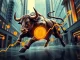 Charts and a charging bull representing the remarkable success of the Bullish IPO, showcasing immense investor demand for digital asset trading.