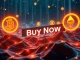 Buy Crypto now with glowing Bitcoin and Ethereum symbols in a futuristic digital landscape