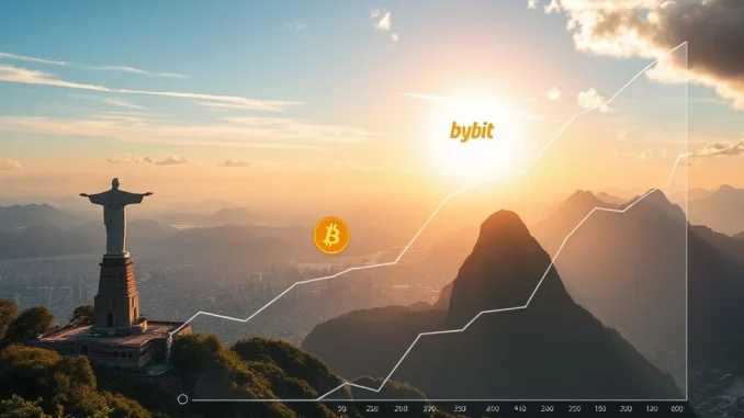Bybit and Tether logos overlaying a vibrant Brazilian landscape, symbolizing their partnership to accelerate Brazil crypto adoption through education and tourism.