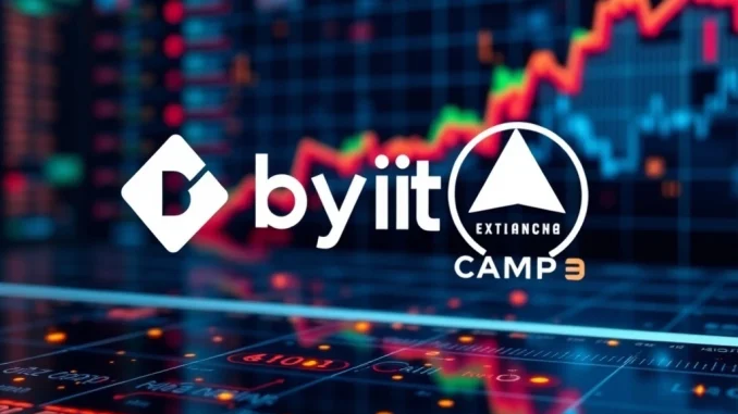 Bybit listing announcement for Camp Network (CAMP) token, showing the exchange interface and project logo, symbolizing a new trading opportunity.