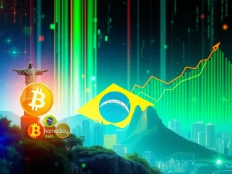 Digital symbols of Bybit and Tether intertwined with Brazilian landmarks, illustrating the Bybit Tether Brazil partnership's impact on crypto adoption.