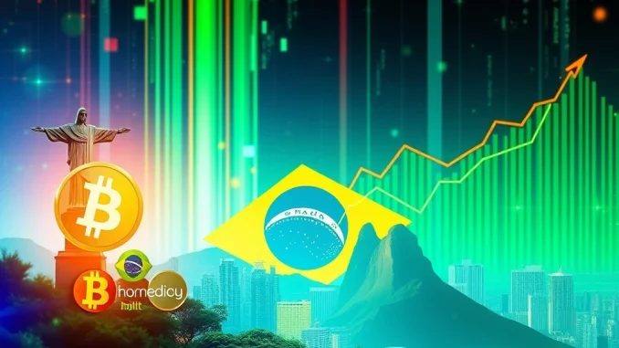 Digital symbols of Bybit and Tether intertwined with Brazilian landmarks, illustrating the Bybit Tether Brazil partnership's impact on crypto adoption.