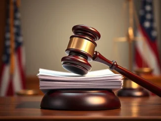 A gavel strikes down a document, symbolizing the 9th Circuit's ruling against California's ammunition law, highlighting Second Amendment impact.