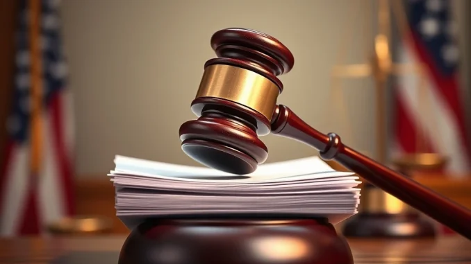 A gavel strikes down a document, symbolizing the 9th Circuit's ruling against California's ammunition law, highlighting Second Amendment impact.