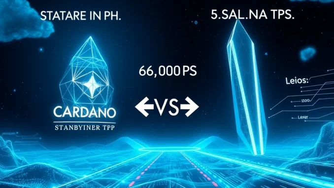 A futuristic digital race between Cardano and Solana, symbolizing the challenge Cardano Leios presents to Solana's blockchain speed dominance.