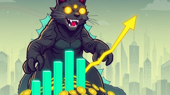 A powerful feline-inspired monster symbolizing the explosive $CATZILLA meme coin surge, dominating the crypto market with rapid presale gains.