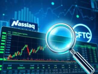Digital interface with charts and CFTC logo, representing Nasdaq's CFTC crypto surveillance system for enhanced market oversight.