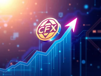 CFX token logo surging on a graph with blockchain background