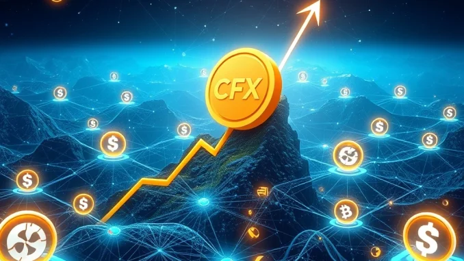 CFX token surging with blockchain and stablecoin symbols in the background