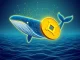 An animated whale moving a large Chainlink LINK token away from a digital exchange, symbolizing a significant Chainlink LINK withdrawal for long-term holding.