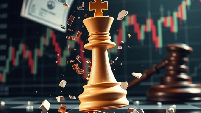 A broken CHESS piece on a volatile market chart, symbolizing the dramatic CHESS crypto price drop and market uncertainty.