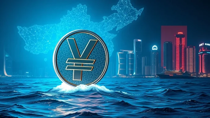 Illustration of a digital yuan coin with the Chinese flag, emphasizing China's yuan stablecoin strategy and its offshore focus.