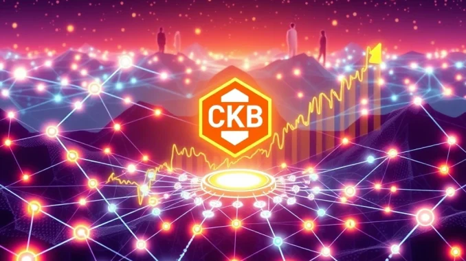 A dynamic visualization of the Nervos Network (CKB) blockchain experiencing a massive crypto surge, with data showing rapid growth from recent network upgrades.