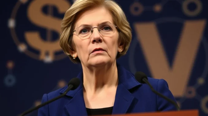 Senator Elizabeth Warren speaks, symbolizing her strong opposition to the CLARITY Act and its proposed crypto regulation.