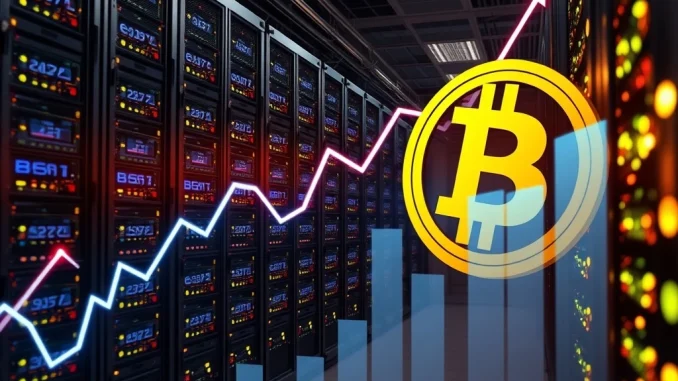 CleanSpark's impressive financial growth, showing a Bitcoin mining operation alongside a rising financial chart, symbolizing their significant BTC holdings and soaring revenue.