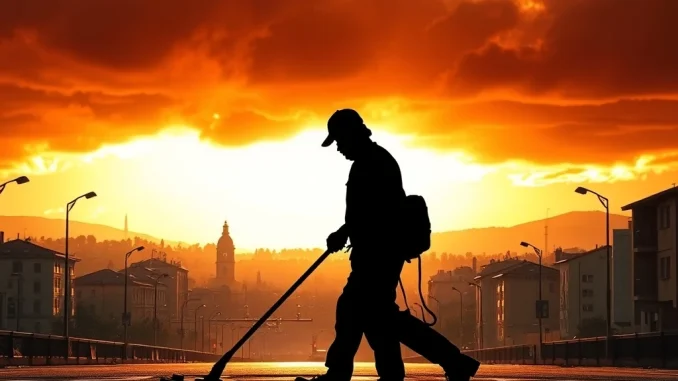 Symbolic image of a street sweeper in extreme heat, highlighting the devastating climate change impact on worker safety and sparking labor protests.