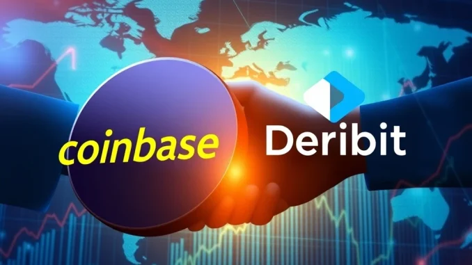 A symbolic image showing the strategic Coinbase acquisition of Deribit, representing a significant shift in the crypto derivatives market leadership.