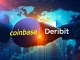 A symbolic image showing the strategic Coinbase acquisition of Deribit, representing a significant shift in the crypto derivatives market leadership.