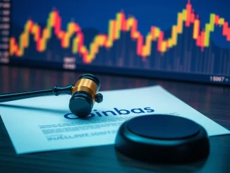 Digital gavel over court documents, symbolizing the **Coinbase lawsuit** suspension regarding **biometric privacy** claims.