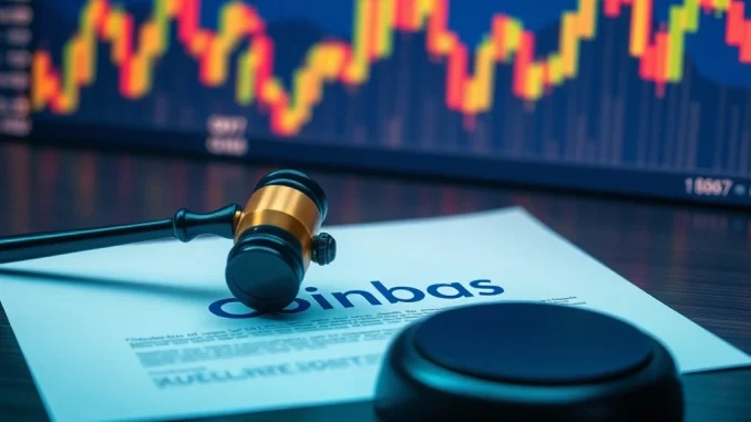 Digital gavel over court documents, symbolizing the **Coinbase lawsuit** suspension regarding **biometric privacy** claims.