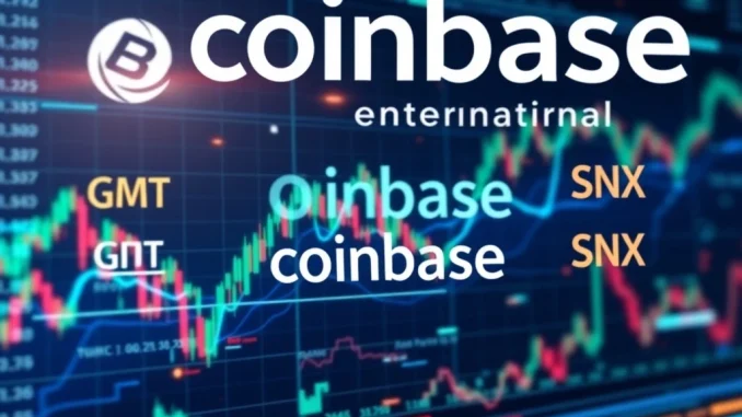 A vibrant digital trading screen displaying **Coinbase perpetual futures** for GMT, OMNI, and SNX, symbolizing new market opportunities and advanced trading.
