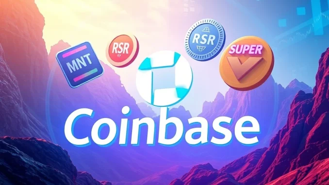 Visual representation of Coinbase International Exchange expanding its offerings with Mantle (MNT), Reserve Rights (RSR), and SuperVerse (SUPER) perpetual futures, highlighting crypto futures trading.