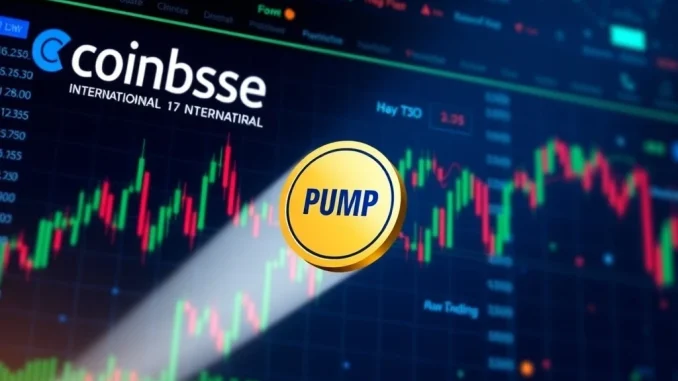 A digital interface showcasing the Coinbase International platform with charts and the PUMP perpetual futures listing highlighted, representing significant crypto futures trading expansion.