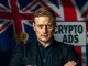 Brian Armstrong, Coinbase CEO, expressing frustration over the UK crypto policy and ad ban, highlighting cryptocurrency regulation challenges.
