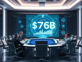 Corporate executives analyzing $76B in crypto assets on a digital dashboard