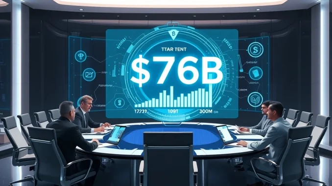 Corporate executives analyzing $76B in crypto assets on a digital dashboard