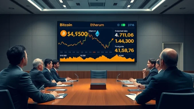 Corporate executives analyzing crypto market volatility and risks