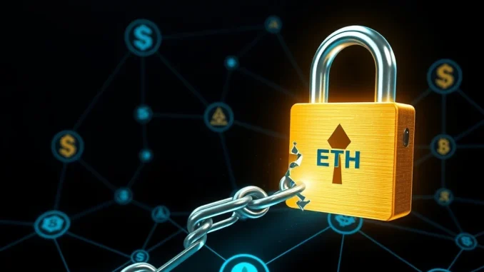 Illustrates the Credix exploit with a broken digital lock and money flowing across a blockchain network, highlighting the security breach.