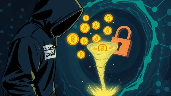 Visualizing the **CrediX hacker** moving illicit funds into a crypto mixer, highlighting the challenges of tracing stolen digital assets.