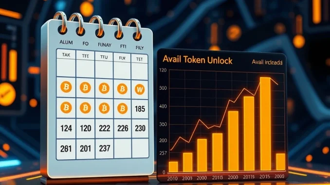 A digital calendar highlighting key dates for token unlocks, emphasizing the significant AVAIL unlock event and its potential impact on the crypto market.